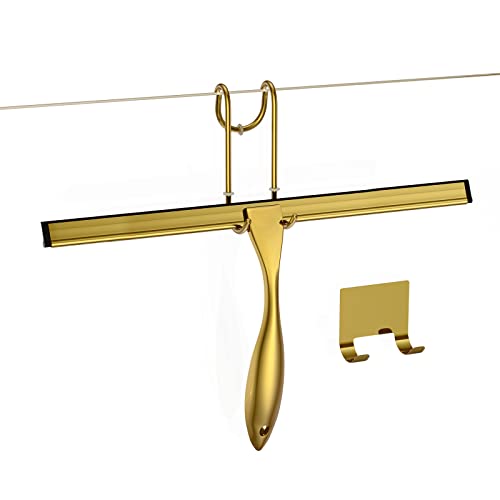 Shower Squeegee Set, 14-Inch Stainless Steel Squeegee, All-Purpose Squeegee for Bathroom, Shower Doors, Mirrors, Tiles, and Car Windows - 100% Streak Free, Includes Shower Door Hook and Adhesive Hook - color: Gold, size: 14-Inch