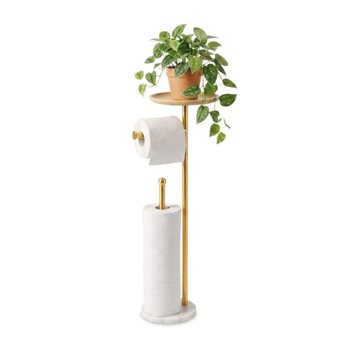 Standing Toilet Paper Holder Gold with 7.9" Big Tray, 2.2Lbs Heavier Marble Base, Freestanding Paper Holder Stand with Phone Shelf, Holds 5 Paper Rolls (Gold) - color: Gold