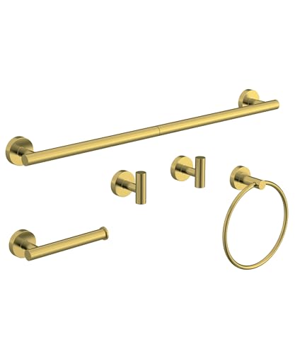 5 Pcs Brushed Gold Bathroom Accessories Hardware Set SUS304 Stainless Steel 26 Inch Towel Rack and Toilet Paper Holder Set Bath Towel Bar Set Wall Mounted for Bathroom Kitchen by HOMEMYSTIQUE - color: Brushed Gold, size: 5 Pieces