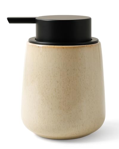 BosilunLife Hand Soap Dispenser - Ceramic Dish Soap Dispenser for Bathroom 12ounce Refillable Liquid Hand Wash Dispenser for Essential Oil, Lotion Soap, Greige with Speckle - color: Greige