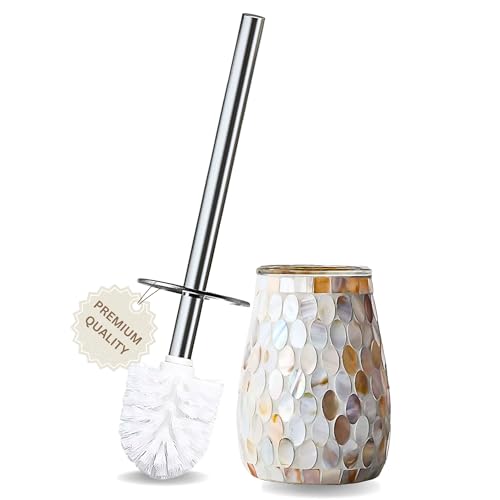 Escenzy Natural Shell Toilet Brush and Holder Set – Handcrafted Mother of Pearl Mosaic Glass Holder, 304 Rust-Resistant Stainless Steel Toilet Bowl Brush – Decorative Luxury Coastal Bathroom Accessory - color: Natural Shell