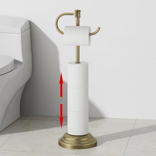 RUMOSE Toilet Paper Holder Stand for Floor, Antique Brass Bathroom Free Standing Toilet Tissue Roll Holder with Storage, Adjustable 17-25 Inch, SUS304 Stainless Steel - color: Antique Brass
