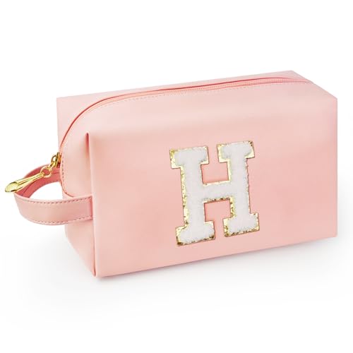 Personalized Initial Makeup Bag with Handle, Preppy Cosmetic Bag with Inner Zipper Pocket, 8 9 10 11 12 13 14 Years Old Girl, Graduation Gifts for Teen Girls Women Teachers (H, Pink) - color: Pink, style: H