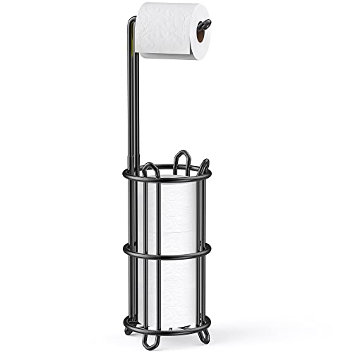 Meangood Toilet Paper Holder Stand and Tissue Paper Roll Dispenser for 4 Mega Rolls, Bathroom Free Standing Tissue Roll Storage Holder Rack, Metal Wire (Black) - color: Black 2
