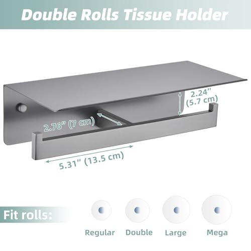 APLusee Gunmetal Gray Double Toilet Paper Holder with Shelf, 304 Stainless Steel Bathroom Tissue Roll Holder, Wall Mounted Paper Dispenser for Bathroom Kitchen, Fits Mega Rolls - color: Gun Gray, size: Double Rod