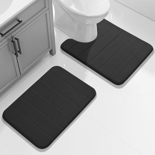 Yimobra Memory Foam Toilet Bath Mat U-Shaped, Soft and Comfortable, Super Water Absorption, Non-Slip, Thick, Machine Wash and Easier to Dry for Bathroom Commode Contour Rug, 24 X 20 Inches, Black - color: Black, size: 24" X 20"