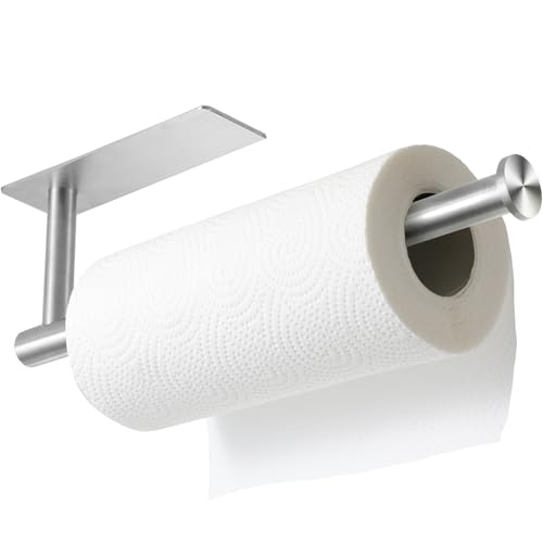 theaoo Under Cabinet Paper Towel Holder for Kitchen, Adhesive Paper Towel Roll Rack for Bathroom Towel, SUS304 Stainless Steel Wall Mount, Both Available for Adhesive and Screws - color: Silver