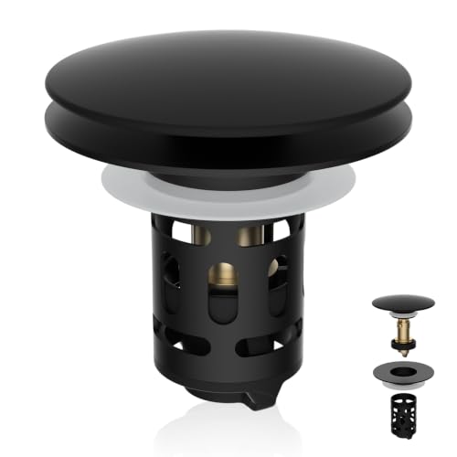 Universal Metal Bathroom Sink Stopper, Pop-Up Hair Catcher Strainer, Black | Large Cover Cap, Sink Drain Strainer with Detachable Double Filter, Drain Plug Fits 1.1"-2.36" US Basin, Brass Bounce Core - color: Matte Black