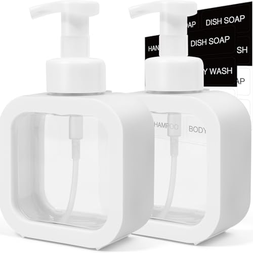 Foaming Soap Dispenser, 2 Pack 300ml (10oz) Plastic Refillable Foaming Hand Soap Dispenser with 16 Pcs Waterproof Labels, Foam Pump Bottle for Bathroom and Kitchen (White) - color: White