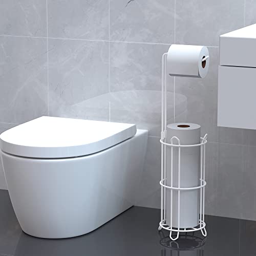 Meangood Toilet Paper Holder Stand and Tissue Paper Roll Dispenser for 4 Mega Rolls, Bathroom Free Standing Tissue Roll Storage Holder Rack, Metal Wire (White) - color: White