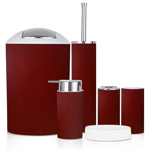 Bathroom Accessory Set 6 Piece Burgundy Acrylic Watercolor Marble Shiny Toothbrush Holder, Toothbrush Cup, Soap Dispenser, Soap Dish, Toilet Brush Holder, Trash can, xoniKYxlaPeIs-6j