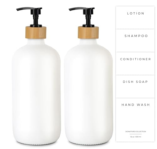Emerson Glass Soap Dispenser Set - 16 Oz, 2-Pack with Pump and Labels for Kitchen and Bathroom - color: 01 – White / Bamboo Black