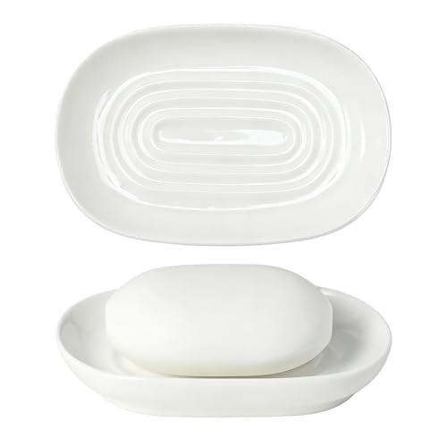 White Ceramic Soap Dish for Bathroom & Kitchen Sink – Raised Center Keeps Soap Dry & Easy Clean, Heavy Ceramic Stays Put on Wet Ledges; Also Holds Soap Bars, Sponges, Jewelry, Keys & Small Items - color: White