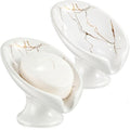 2 Pack Soap Dishes for Bar Soap Holder Ceramic Decorative Self Draining Leaf Shape Design for Sink Modern Bathroom Shower Kitchen, Marble Pattern(White Gold)