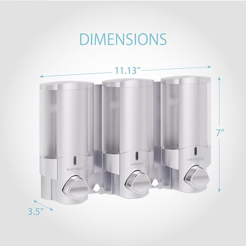 Better Living Aviva Shower Dispenser 3 Chamber,Wall Mount Shower Soap Dispenser for Bathroom Hotel Body Wash,Built-in Hooks,No Drill,Waterproof Shampoo Soap-Dispenser,3 x11 oz,Satin Silver,(Pack of 6) - color: Satin Silver, size: 3-Chamber (Pack of 6)
