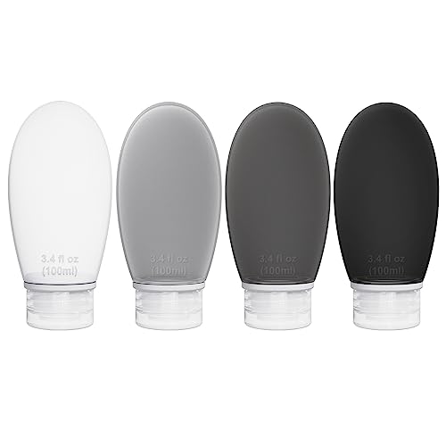 Silicone Travel Bottles for Toiletries TSA Approved Travel Size Containers Set 4 Pack Portable Leak Proof Refillable Cosmetic Squeeze Bottles Shampoo Hair Conditioner Body Lotion Bath Shower Gel - color: Gray/3.4oz