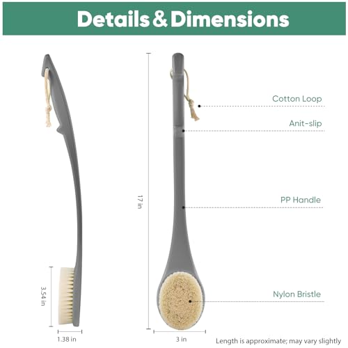 Back Scrubber for Shower, 17-Inch Shower Brush for Men and Women, Long Handle Exfoliating Body Brush, Medium Bristle Stiffness for Dry or Wet Brushing (Deep Gray) - size: 17 in - Deep Gray