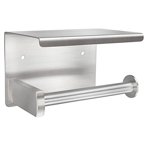 Adhesive Toilet Paper Holder with Shelf, Toilet Paper Roll Holder Wall Mounted, Fits Mega Roll, Stainless Steel Tissue Roll Dispenser Storage No Drilling (Brushed Nickel) - color: Brushed Nickel