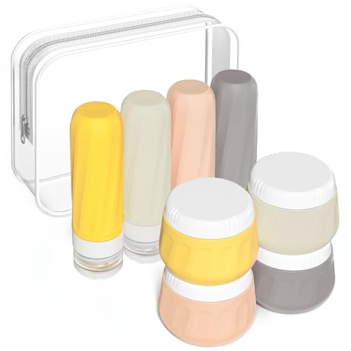 Mrsdry Travel Size Toiletries 8 Pack, TSA Approved 3oz Silicone Squeeze Bottles & Cream Jars with Clear Travel Bag - color: Golden wheat field, size: 3oz bottle 3oz jar