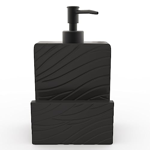 Ceramic Soap Dispenser With Sponge Holder for Kitchen Sink, 2 in 1 Liquid Hand Soap Container With Funnel for Countertop, Bathroom, Matte Black - style: Wavy Pattern Design-Matte Black
