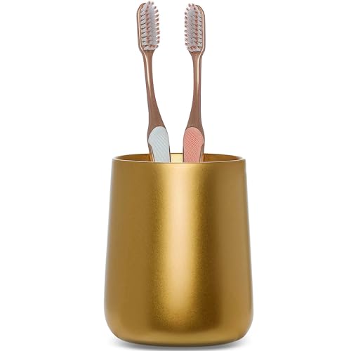 Yew Design Gold Toothbrush and Toothpaste Holder and Cup for Bathroom Vanity and Countertop, Round Organizer for Electric Toothbrushes, Floss, Razors, Cotton, and Mouthwash - color: Round Gold