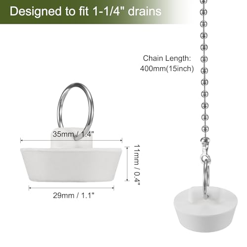 uxcell 2 Pcs Tub Stoppers, Rubber Bathtub Stoppers 1-1/4" Kitchen Sink Drain Stopper, Bathroom Drain Plug with Pull Ring and 15" Beaded Chain, White - size: 1-1/4"