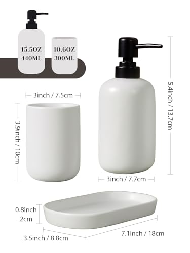 INGOFIN 3 Pcs Ceramic Bathroom Accessory Set - Liquid Soap Dispenser, Toothbrush Holder & Tray, Bathroom Counter Set, Countertop Essentials for Home, Guest Bathroom, or Office Use, White - style: Liquid-White