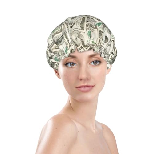100 Dollar Money Shower Cap For Women Reusable Waterproof Double Layers Bath Cap Hair Protection Elastic Ladies Spa Salon Shower Hat - color: 100 Dollar Money