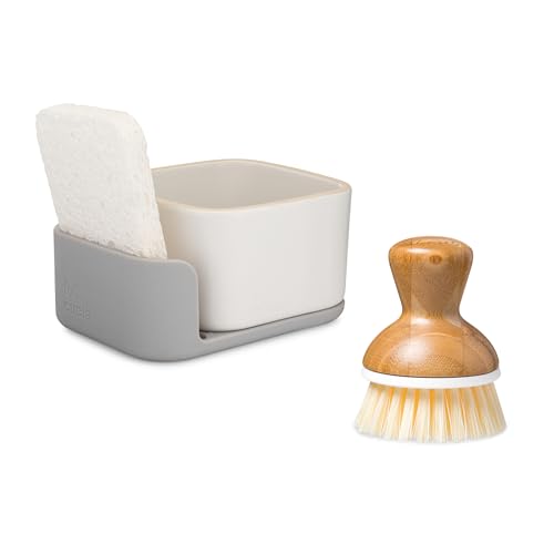 Full Circle Bubble Up Combo – Family Safe, Formaldehyde-Free – Gray Ceramic Soap Dish with Plant-Based Sponge & Bamboo Dish Brush – Versatile Kitchen Scrub Brush Set for Pots, Pans, Counter & Ovens