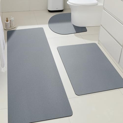 ACCUMTEK Non Slip Bath Mat, Thin Bathroom Rugs Fit Under Door, Quick Dry Bath Mats, Machine Washable Bath Rugs for Bathroom, Bathtub & Kitchen, Bathtub & Kitchen, Grey/Solid/3 Piece - color: Grey, size: 24"x17"+48"x20"+U Shape 24"x20"