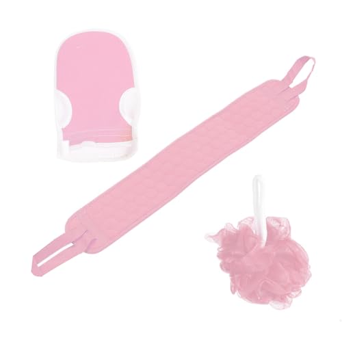 3 Pcs Exfoliating Bath Set with Back Scrubber Strap Shower Glove and Loofah Sponge for Deep Body Cleaning and Full Body Exfoliation(Pink) - color: Pink