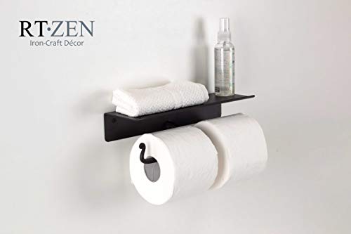 RTZEN Bathroom Toilet Paper Holder with Shelf - Handcrafted Rustic Wrought Iron Wall Decor Toilet Roll Holder - Black Matte Wall Mount Bar for Modern Farmhouse Bathroom Decor - style: Shelf High End