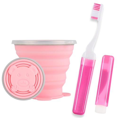 Toothbrush Travel Case, Travel Toothbrush Silicone Collapsible Toothbrush Cup, Travel Toothbrush Set Suitable for Business Camping Travel or Daily Use (Pink) - color: Pink