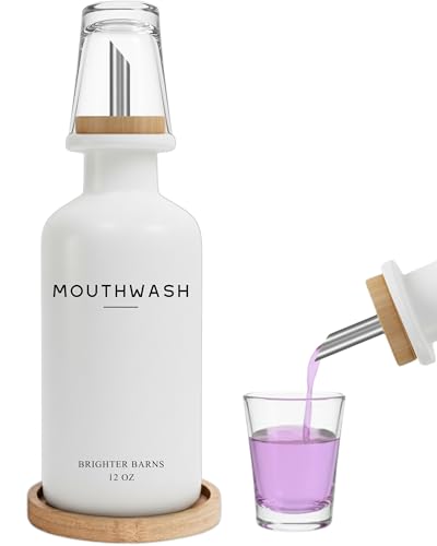 White Glass Mouthwash Dispenser for Bathroom by Brighter Barns - Mouth Wash Dispensers with Stainless Steel Spout, Mouthwash Cup, Tray - Minimalist Bathroom Decor for Hotel, Spa, Dental Office (White) - color: White