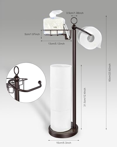 Toilet Paper Holder Free Standing with Basket for Phone & Wet Wipes, Stainless Steel 23" H with Storage, Stable Weighted Base & Rustproof for Bathroom (Rich Bronze) - color: Rich Bronze