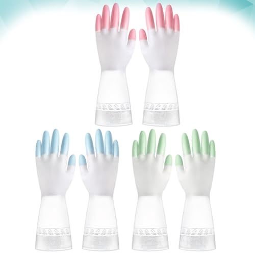 Waterproof Anti-slip Cleaning Gloves 3 Pairs Set, Kitchen and Toilet Household Gloves in Pink, Green, Blue, Size S, Reusable for Dishwashing and Bathroom Cleaning