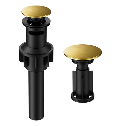 Bathroom Sink Drain with Overflow, Hurran Bathroom Sink Stopper for Bathroom Vanity Vessel Sink, Rapid Draining Plastic Pop-up Sink Drain with Hair Catcher Anti-Clog Strainer, Brushed Gold - color: Brushed Gold