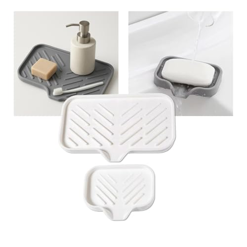 Silicone Soap Tray, Soap Dish with Drain Spout, Bathroom and Kitchen Sink Counter Organizer, Sponge Holder, Tray Perfect for Dispenser, Scrubber, Bottle, Cup on Sink, Tub or Counter - 2 Pack - color: White