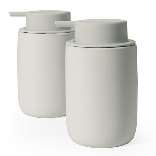 INGOFIN Ceramic Lotion Soap Dispenser Set, 2 Pack (12 oz) Bathroom Hand Soap Dispenser with Pump, Liquid Hand and Dish Soap Dispenser Set, 8 Pcs Clear Stickers,for Kitchen, Bathroom- Grey - color: Grey-liquid