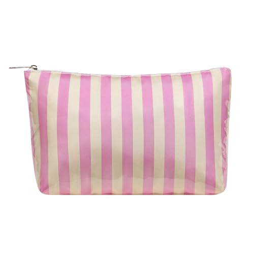 RSRSLEII Large Waterproof Travel Striped Makeup Bag, Aesthetic PVC Toiletry Bag, Coquette Cosmetic Bag, Sunscreen Accessories Storage Organization，Beach Travel Purse(11Pink&Beige) - color: 11Pink&Beige