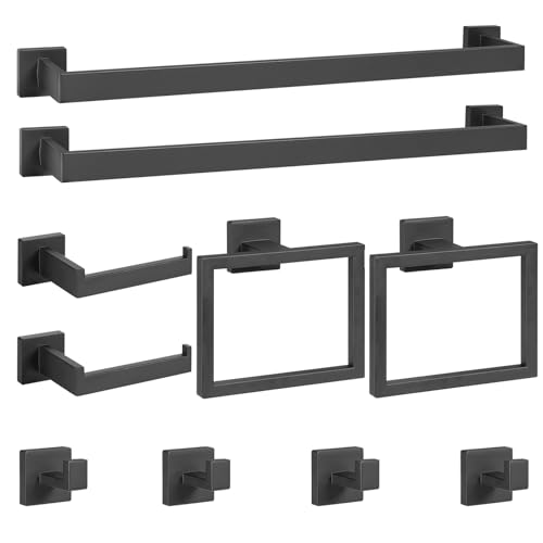 Cilee 10-Pieces Bathroom Hardware Set - Matte Black Bathroom Accessories, 24 Inch Towel Bar, Square Towel Ring, Toilet Paper Holder, Towel Hook, Wall-Mounted Stainless Steel Towel Bar Rack Set - color: 10 - Matte Black, size: 10 Pieces