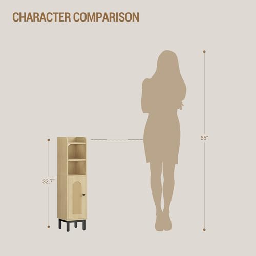 Hzuaneri Bathroom Storage Cabinet, Small Corner Floor Cabinet with Door and Shelves, Narrow Toilet Paper Holder, Bathroom Organizer with Adjustable Shelf, for Small Spaces, Rattan Yellow BC08202Y - color: Rattan Yellow, size: 7.9"D x 7.9"W x 32.7"H