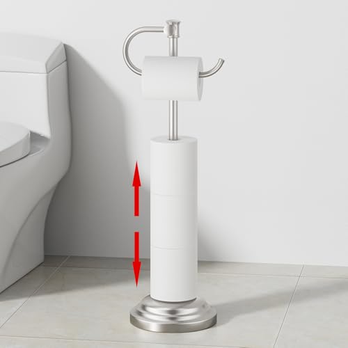 RUMOSE Toilet Paper Holder Stand for Floor, Brushed Nickel Bathroom Free Standing Toilet Tissue Roll Holder with Storage, Adjustable 17-25 Inch, SUS304 Stainless Steel - color: Brushed Nickel