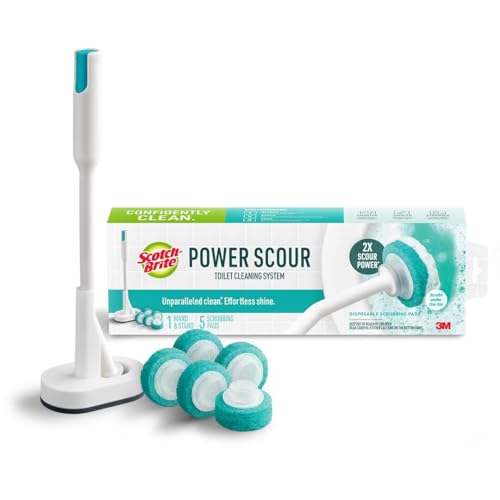 Scotch-Brite Power Scour Toilet Cleaning System, Toilet Bowl Cleaner with Disposable Scrub Pad Tablets, Includes 1 Wand, Stand and 5 Scrubbing Pad Refills