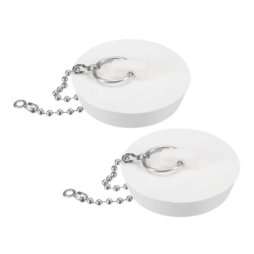 uxcell 2 Pcs Tub Stoppers, Rubber Bathtub Stoppers 2" Kitchen Sink Drain Stopper, Bathroom Drain Plug with Pull Ring and 15" Beaded Chain, White - size: 2"