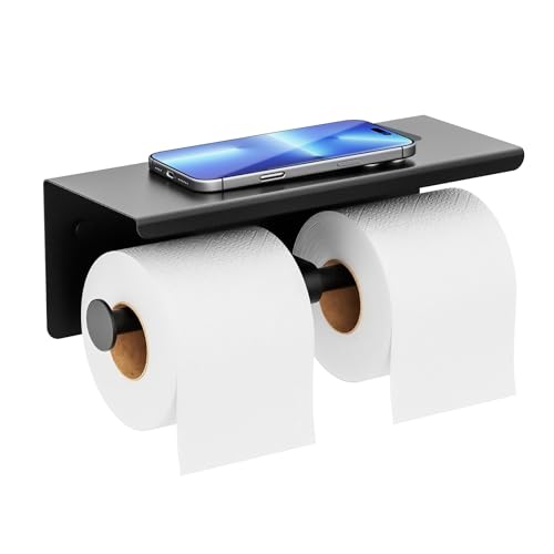FreshGlow Double Toilet Paper Holder with Shelf, Wall Mount Tissue Roll Holder for Bathroom, 304 Stainless Steel Commercial Toilet Paper Dispenser with Phone Shelf, Matte Black - color: Black