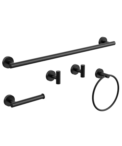 Matte Black Bathroom Hardware Accessories Set 5 Pcs SUS304 Stainless Steel Towel Rack and Toilet Paper Holder Set 26 Inch Towel Bar Set Wall Mounted by HOMEMYSTIQUE - color: Matte Black, size: 5 Pieces