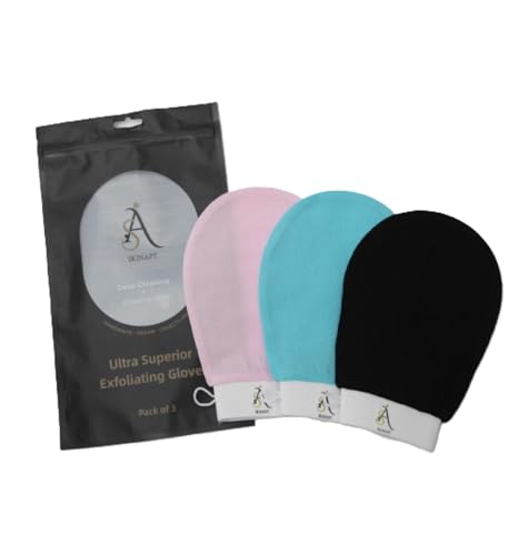 SkinApt Exfoliating Mitts for Bath and Shower – Heavy Duty Exfoliating Body Scrubber for Massage and Dead Skin Removal for Body – 3 Mitts in Pink, Black, and Ocean Blue Colors