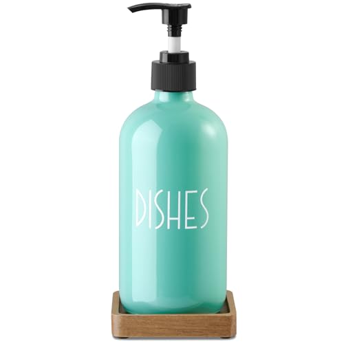 Turquoise Glass Dish Soap Dispenser with Acacia Wood Tray, 16 oz Refillable Kitchen Soap Pump Bottle, Decorative Teal Countertop Soap Dispenser Set for Kitchen, Bathroom, Restaurant - color: Turquoise-dish