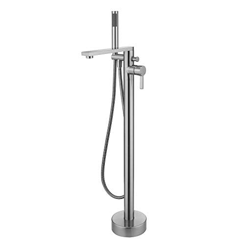 Wowkk Freestanding Bathtub Faucet Tub Filler Brushed Nickel Floor Mount Brass Single Handle Bathroom Faucets with Hand Shower - color: Brushed Nickel, style: Classic